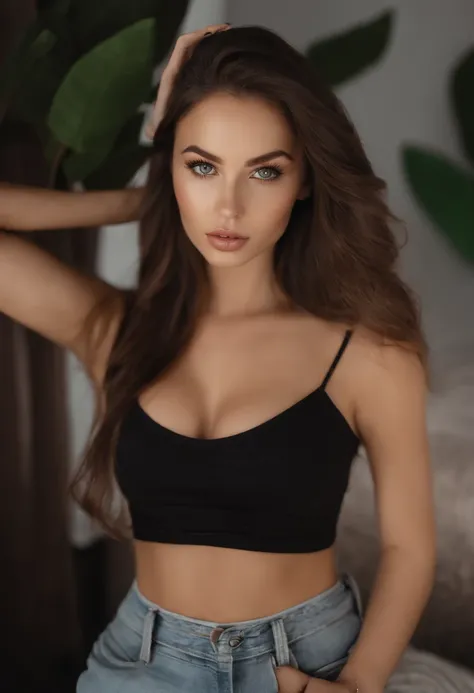 arafed woman with large breasts, sexy girl with green eyes, portrait sophie mudd, brown hair and large eyes, selfie of a young woman, bedroom eyes, violet myers, without makeup, natural makeup, looking directly at the camera, face with artgram, subtle make...