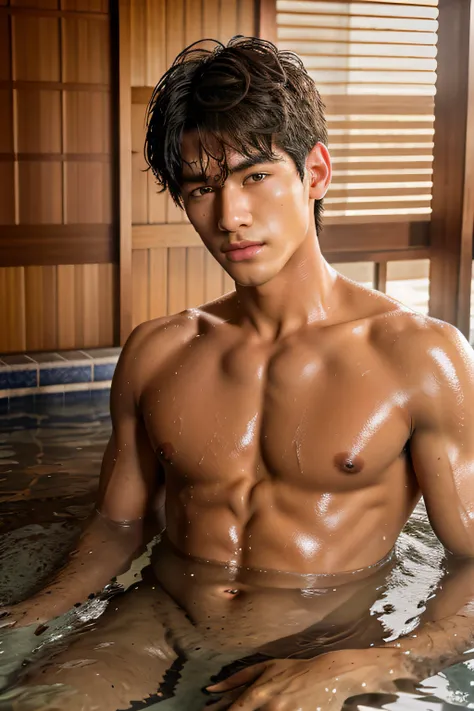 (best quality, masterpiece), 1boy, handsome, kpop idol, intricate details, handsome detailed face, completely naked, muscular, bathing in onsen, looking at viewer, depth of field, detailed background, diffused natural sunlight, natural skin glow, highly de...