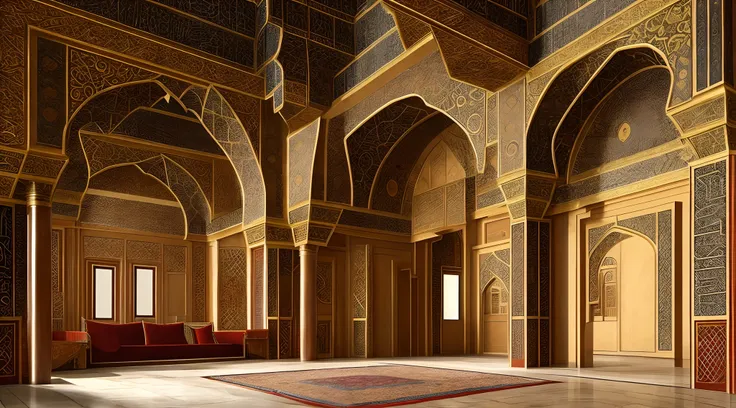 interior view of a mansion in 16th century Arabia, either Basra or Ormuz, very luxurious, building structure like a harem or mosque, building structure with elements of a turkish harem or mosque, orientalism, inside a mansion, interior, rich, grand, stairs...