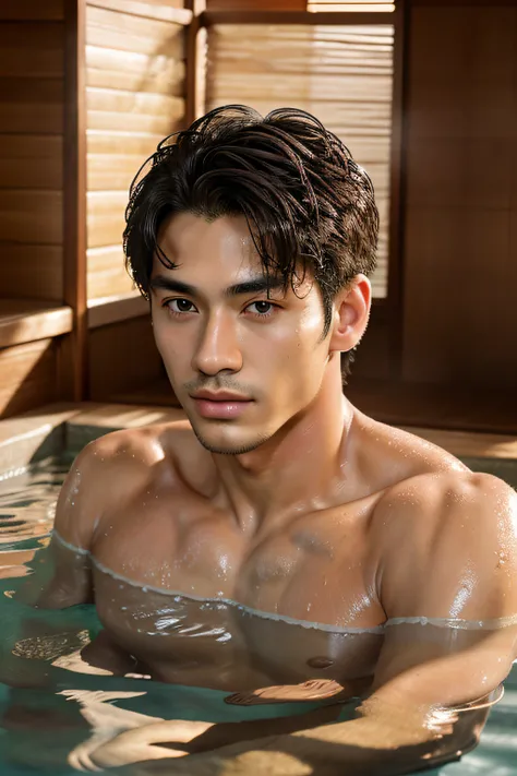 (best quality, masterpiece), 1boy, handsome, kpop idol, intricate details, handsome detailed face, completely naked, penis, muscular, bathing in onsen, looking at viewer, depth of field, detailed background, diffused natural sunlight, natural skin glow, hi...