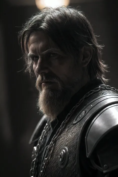 Raw, cinematic shot, (sharp focus:1.5), (photorealistic:1.4), 1boy, medium portrait of (a weary-looking but still proud and fierce-looking old Viking warrior, now the leader of his village, dressed in elaborately detailed chain mail and leather armour, a f...