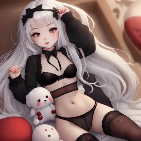 1girll，Small loli，long  white hair，whaite hair，Black bow，red color eyes，dual horsetail，black sleeve，Black lace bra，a black bowtie，Meticulous navel portrayal，Skinny，Slim waist，black short skirt，Black fishnet socks，adolable，coquetry，Skin and bones