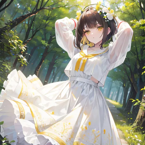 brunette color hair，short detailed hair，By bangs，Yellow eyes，adolable，teens girl，a white long skirt，Floral decoration，forest backgrou，Wears a white garland on his head