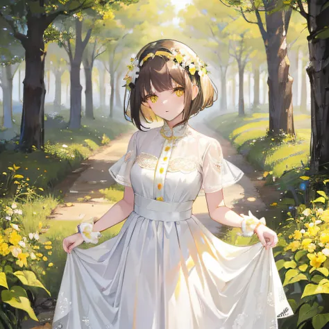 brunette color hair，short detailed hair，By bangs，Yellow eyes，adolable，teens girl，a white long skirt，Floral decoration，forest backgrou，Wears a white garland on his head