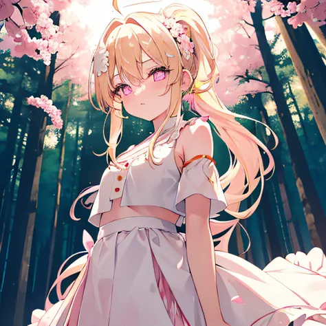 Light yellow hair，Double ponytail hairstyle，Pink eyes，Pink pupils，teens girl，a white long skirt，Floral decoration，forest backgrou，Wears a white garland on his head