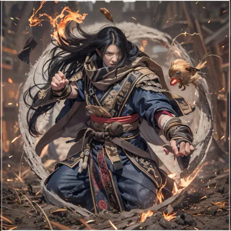 （废墟）eyes filled with angry，He clenched his fists，Rush up，Deliver a fatal blow to your opponent，full bodyesbian，Full Body Male Mage 32K（tmasterpiece，k hd，hyper HD，32K）Long flowing black hair，Campsite size，zydink， a color， patriot （废墟）， （Linen batik scarf）， ...