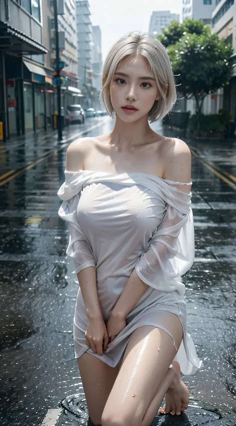 Young Japanese woman standing,  ((On City Street)),  ((Fully clothed)), ((Off-the-shoulder T-shirt dress)),((Barefoot)), blond with short hair, slim build, two tone color hair, mid afternoon, Gray light, Overcast, Detailed background, Dark, busy street, cr...