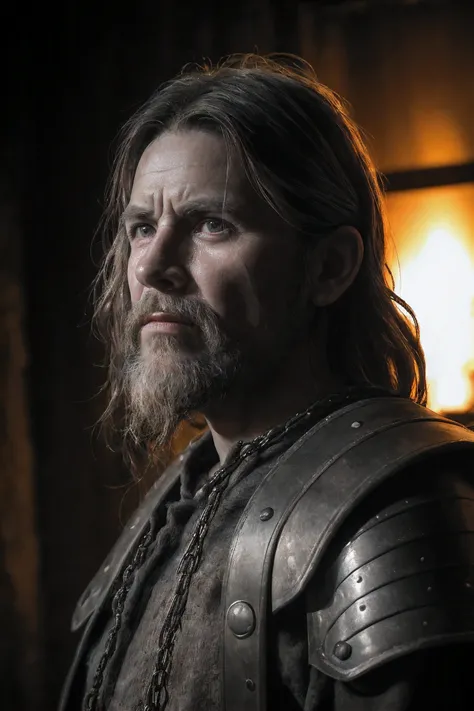 Raw, cinematic shot, (sharp focus:1.5), (photorealistic:1.4), 1boy, medium portrait of (a weary-looking but still proud and fierce-looking old Viking warrior, now the leader of his village, dressed in elaborately detailed chain mail and leather armour, a f...