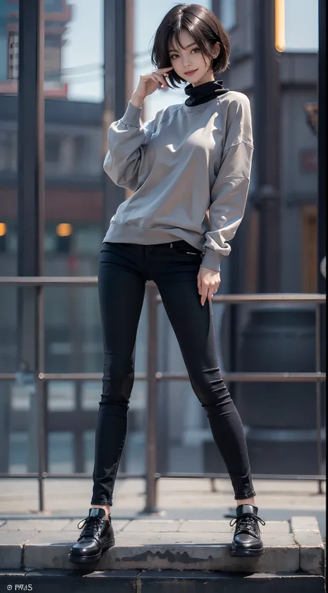 Sunnyday, ((Black skinny long jeans)), ((Sweatshirt)), A city scape, (NSFW), 1womanl, Solo, 24 year old, 7headed body, (cute  face), (Ideal ratio body proportions), (Composition from head to thigh), Smiling smile, erectile nipple, Sexy body, Wet, short-hai...