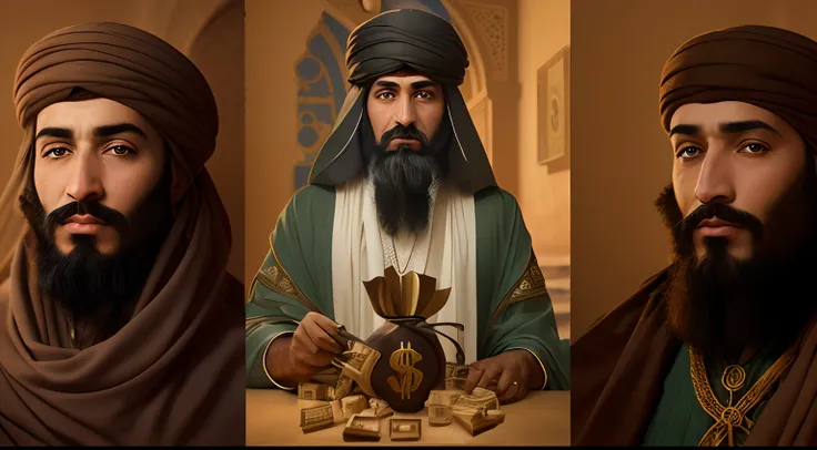 Imagem de um homem com barba e barba segurando um saco de dinheiro, portrait of bedouin d&d, by senior artist, Mogul Khan, inspirado em Altoon Sultan, inspirado em Osman Hamdi Bey, Sheikh, Directed by: Meredith Dillman, adivinho, ottoman sultan, Michael Ca...