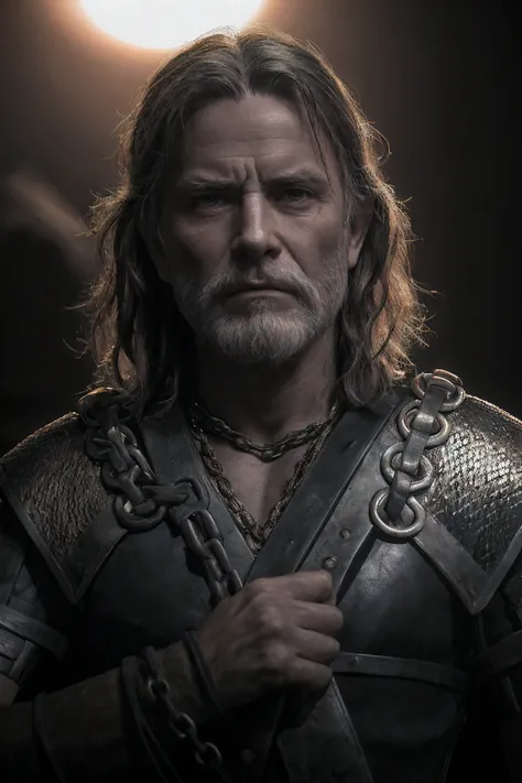 Raw, cinematic shot, (sharp focus:1.5), (photorealistic:1.4), 1boy, medium portrait of (a weary-looking but still proud and fierce-looking old Viking warrior, now the leader of his village, dressed in elaborately detailed chain mail and leather armour, a f...