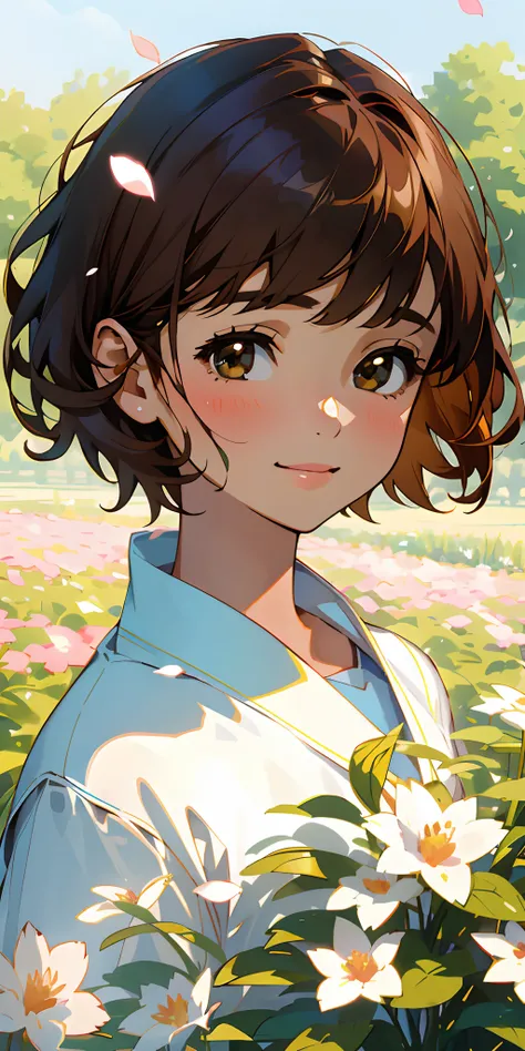 (top quality, masterpiece, super realistic), one beautiful delicate portrait of a girl with short hair, brown hair, smiling, soft and peaceful expression, the landscape in the background is a garden with petals and papa flying around. --v6