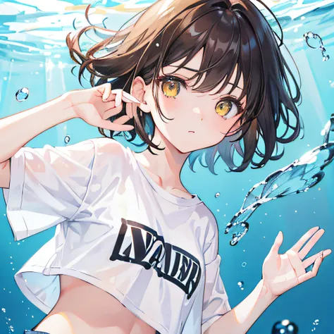 brunette color hair，short detailed hair，By bangs，Yellow eyes，adolable，teens girl，white short sleeve，denim short，Crop topping， Under water，Background in water，