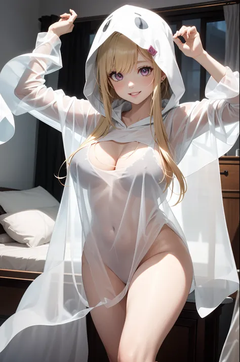 ghost costume,indoors, solo,see-through,night,bedroom , 1girl,sleeves past wrists, standing,solo,bare legs, blonde hair,hood,huge breasts,no_panties, pink eyes, hair clips, thick lips, light smile, dynamic perspective