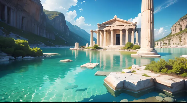 Greek temple landscape in the middle of a crystal clear water lagoon, masterpiece