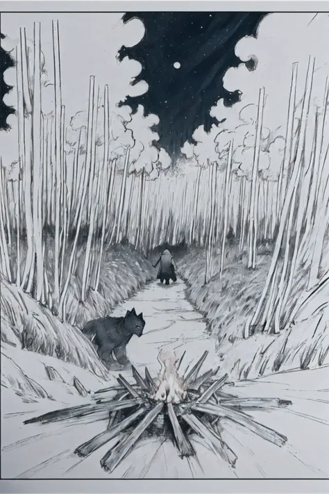 Concept Comic,  Line Art,monochrome,sketch,Pencil drawing,traditional media, "When humanity learned about the dark forest state of the universe，The child, who was shouting around the campfire, immediately extinguished the fire，Shivering in the dark，Even a ...