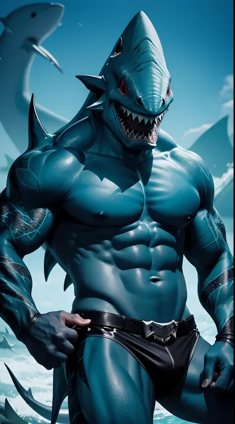 He is a shark beastman but a fashion model、His skin is blue and very beautiful、When you open your mouth, you can see the sharks teeth