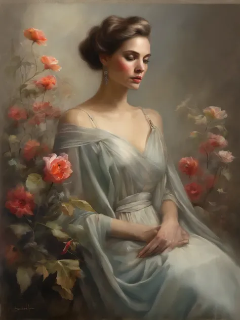 The man below is standing, Give flowers, The woman, sitting on a ledge, Flowers, long flowing fabric for dresses, Clear Face Magary Villeneuve, magali villeneuve, inspired by Magali Villeneuve, graphic artist magali villeneuve, magali villeneuve and monet,...