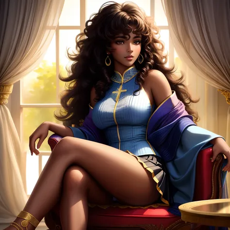 (a woman sitting cross-legged alone, dark skin, curly hair, beautiful legs, short skirt, large chest, high heels, cotton underwear)

(best quality, ultra-detailed, realistic:1.37), vibrant colors, portrait, warm color palette, soft lighting, intimate setti...