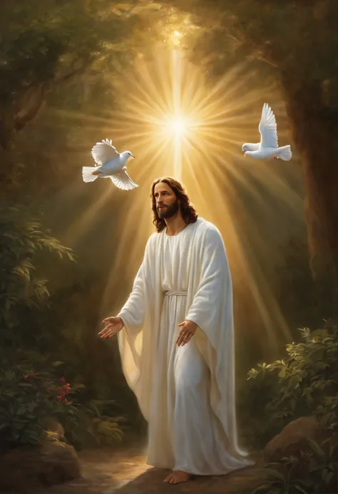 Illustrate Jesus Christ in an open setting. The scene is calm and serene. Jesus stands, looking upwards, where a powerful beam of light descends from the heavens directly onto Him. Along with the beam of light, a white dove of peace is flying towards Him. ...