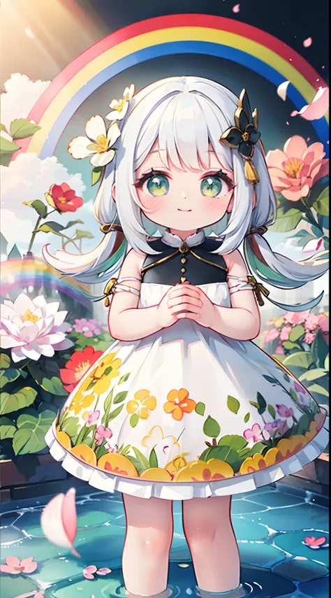 photoRealstic、Doll standing in front of the painting（nendroid）、A smile、Water droplets on the cheeks、In a cute pose、Watercolor Nidoro likes、(HD graphics)、Flowing rainbow silk、Upper face、head looking up、Colorcon with heart motif、Floral dress、Make a heart wit...