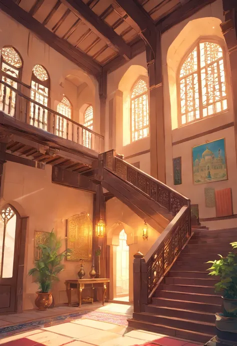 interior view of a mansion in 16th century Arabia, either Basra or Ormuz, very luxurious, building structure like a harem or mosque, building structure with elements of a turkish harem or mosque, orientalism, inside a mansion, interior, rich, grand, stairs...