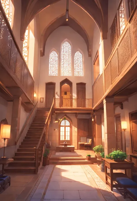 interior view of a mansion in 16th century Arabia, either Basra or Ormuz, very luxurious, building structure like a harem or mosque, building structure with elements of a turkish harem or mosque, orientalism, inside a mansion, interior, rich, grand, stairs...