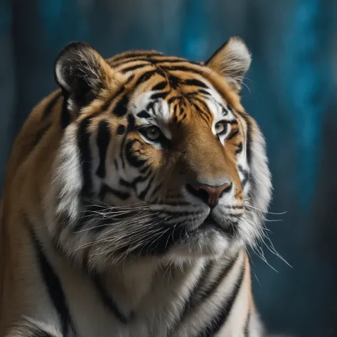 Create a realistic image of a Siberian tiger where its striking gaze is fixed straight ahead and its body blends into an abstract background with different shades of blue and the blue spots gently form an abstract butterfly