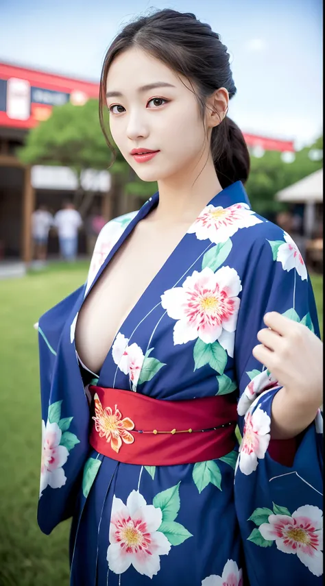 ((​masterpiece、top-quality、ultra-definition、hight resolution))、独奏、a beauty girl、radiant eyes、perfect  eyes、Japans beautiful sister、18year old、Yukata with red floral pattern、Fireworks in the background、high-level image quality、4K、(Take off your yukata and e...