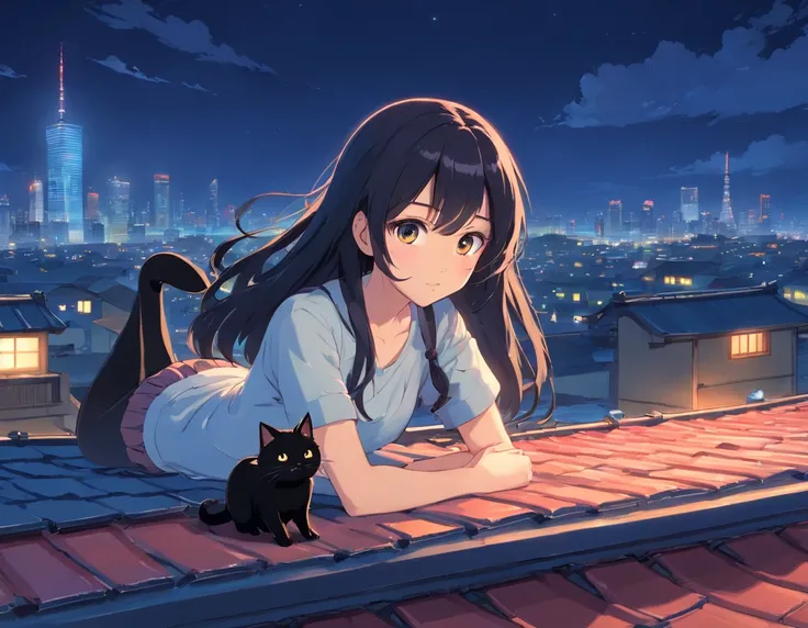 asian girl with long hair, Big eyes, and black hair, Lying on the roof at night. There is a little black cat by her side, In European style.