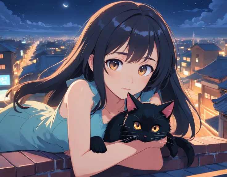 asian girl with long hair, Big eyes, and black hair, Lying on the roof at night. There is a little black cat by her side, In European style.