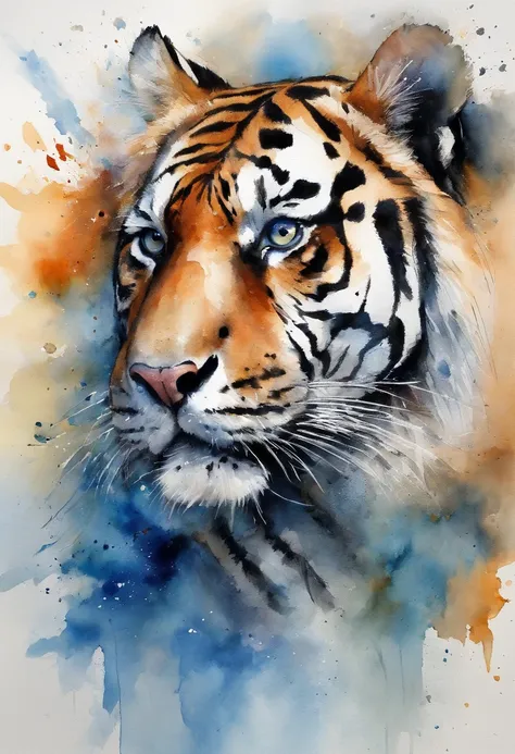 Create a realistic image of a Siberian tiger where its striking gaze is fixed straight ahead and its body blends into an abstract background with different shades of blue and the blue spots gently form an abstract butterfly