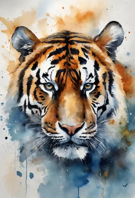 Create a realistic image of a Siberian tiger where its striking gaze is fixed straight ahead and its body blends into an abstract background with different shades of blue and the blue spots gently form an abstract butterfly