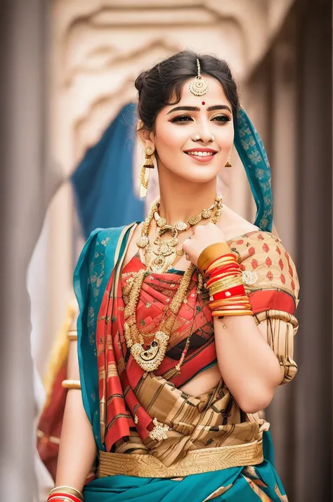 a close up of a woman in a blue sari smiling, traditional beauty, wearing an elegant tribal outfit, blue colored traditional wear, indian girl with brown skin, wearing traditional garb, indian style, traditional makeup, dressed in a sari, indian, tradition...