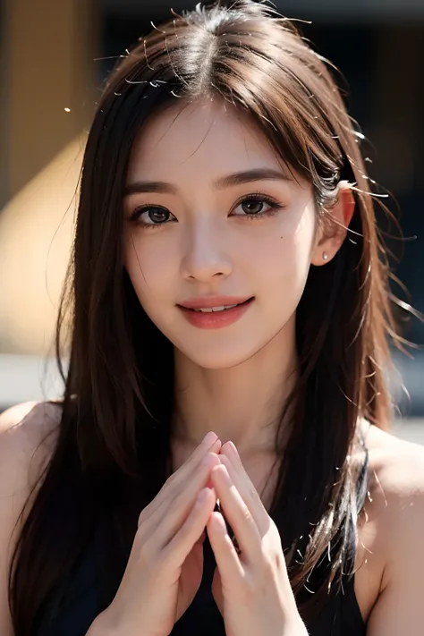 (Best Quality,4K,8K,hight resolution,masutepiece:1.2),Ultra-detailed,Realistic,Beautiful woman,Detailed eyes,Detailed lips,extra detailed face,long eyelashes,Luxury shopping malls,Latest Fashion Items,Happy smile,(Greet with outstretched hands),Vivid color...