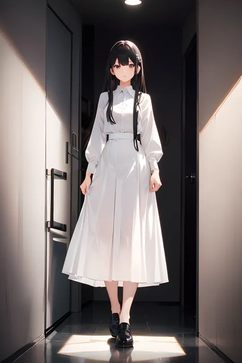 girl wearing white shirt standing confident, black hair, long hair, white skirt, black eyes, full body, tight fit, long skirt, hands holding skirt