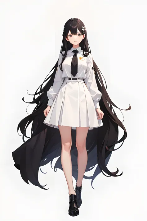 girl wearing white shirt standing confident, black hair, long hair, white skirt, black eyes, full body, tight fit, long skirt, hands holding skirt