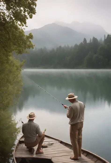 (best quality,4k,8k,highres,masterpiece:1.2),ultra-detailed,(realistic,photorealistic,photo-realistic:1.37),oil painting,shaved man,short hair,standing in a boat,holding a fishing rod,focused expression,fishing hat,fisherman,calm lake water,ripples,gentle ...