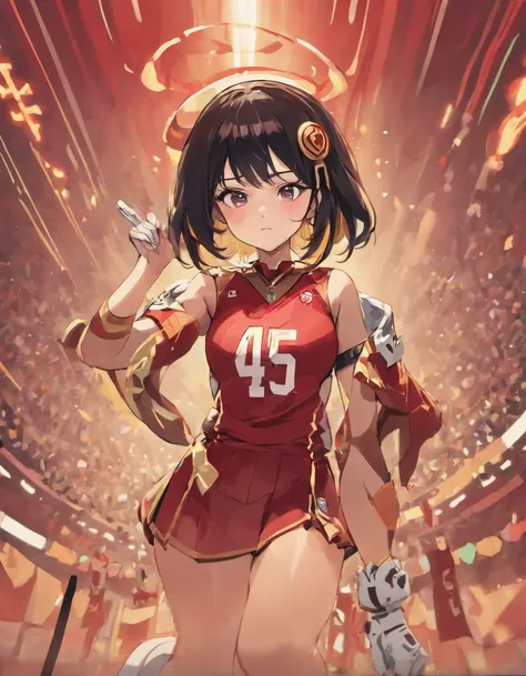 anime girl with black hair playing for the 49ers in the nfl wearing a helmet