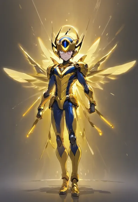 Adult male super hero, Mosquito Theme, Deep blue and golden suit color, helmet,marvel yellow jacket based, Kamen Rider based, full body model