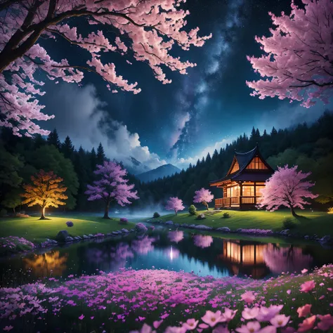 nigth，mont，Rose garden,log cabin,Skysky，the space，starrysky,galaxias，(depth of fields)，Light，Mist，the cherry trees，Reallightandshadow，painting-like,Ethereal atmosphere,Vibrant colors,cinematic compositions，dream magical，hoang lap，Particle effect，diffused r...