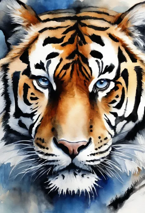 Create a realistic image of a Siberian tiger where its striking gaze is fixed forward and its body blends with an abstract background with different shades of blues. The blue spots in the background blend together smoothly forming an abstract butterfly at ...