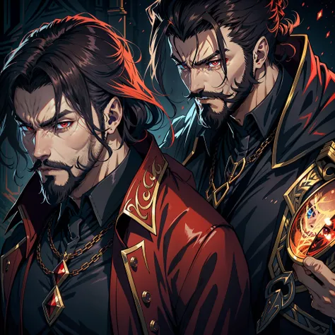 Castlevania Shadow Lord of the shadows hyper realistic super detailed face portrait of handsome muscular lord with fierce beard dracula look crystal bright red beautiful face portrait face beautiful male