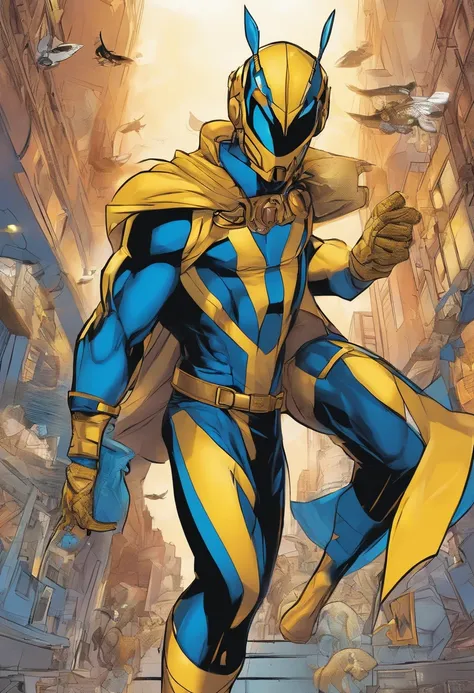 Adult male super hero, Mosquito Theme, Deep blue and golden suit color, helmet,marvel yellow jacket aesthetic, Kamen Rider aesthetic, full body model