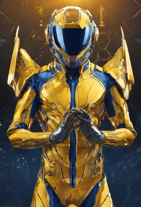 Adult male super hero, Mosquito Theme, Deep blue and golden suit color, helmet,marvel yellow jacket aesthetic, Kamen Rider aesthetic, full body model