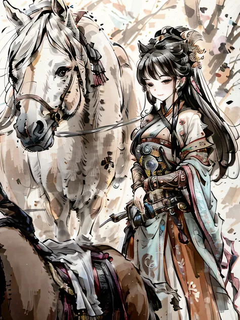 Poster design，Dunhuang desert scene in the background，The picture feels ethereal，In the distance, on the right, there is a man and a woman，The man wears Tang Dynasty armor，Women wear Western fabrics，The two looked at each other。There are two horses on the ...