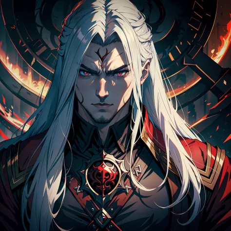 Castlevania Shadow Lord of Shadows hyper realistic white long hair super detailed face portrait of handsome muscular lord fierce muscular face dracula look crystal bright red beautiful face portrait face handsome male