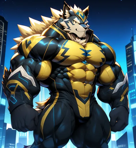 City background, skyscraper, futuristic city, night, stars, night lights, Leomon, Gigachad, super hero, hero, bodysuit, massive muscles, huge pecs, chiseled abs, huge pectorals, exaggeratedly huge muscles. A furry hero whose presence inspires trust and res...