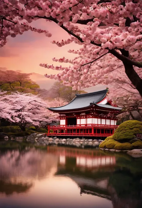 A picture of a Japanese temple surrounded by cherry blossoms in bloom