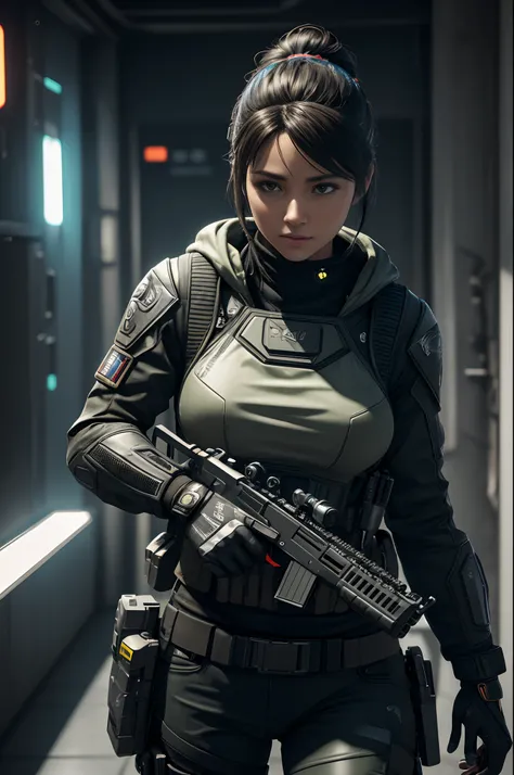 ((best quality)), ((master part)), (High detail:1.3), ....3d, machine gun in hand, Beautiful (Cyberpunk:1.2) 5 Special Forces, Robbot, Mulher com cabelo grosso e fofo (camuflar_uniforme:1.1), bullet proof vest, capa de chuva, digital (camuflar: 1.3), HDR (...